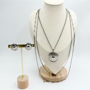 Vintage Silver Tone Button Shaped Clip On Earrings Multi Layered Necklace Sets